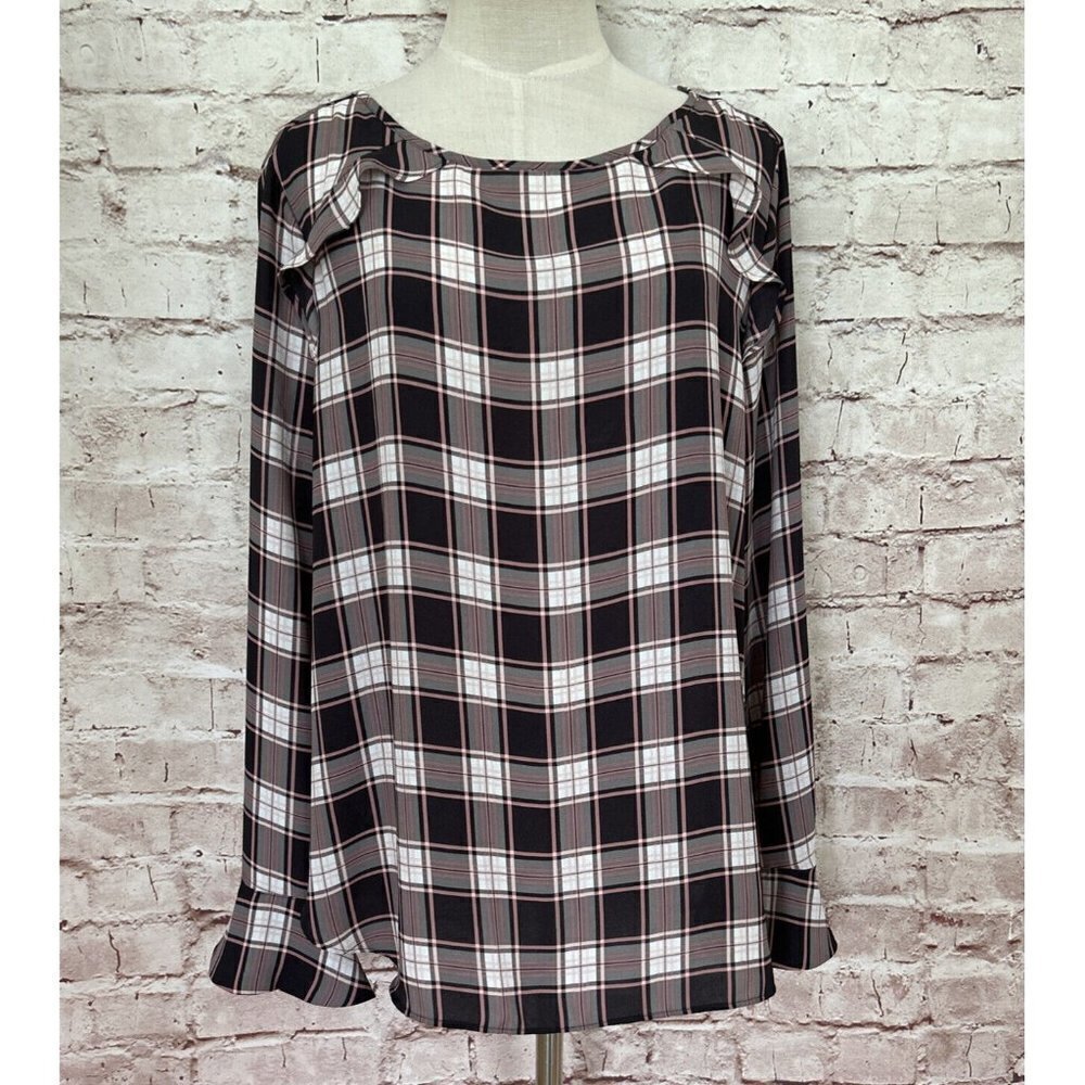 LOFT Outlet Pink Gray Plaid Ruffle Long Sleeve Flutter Cuff Womens Blouse Size L